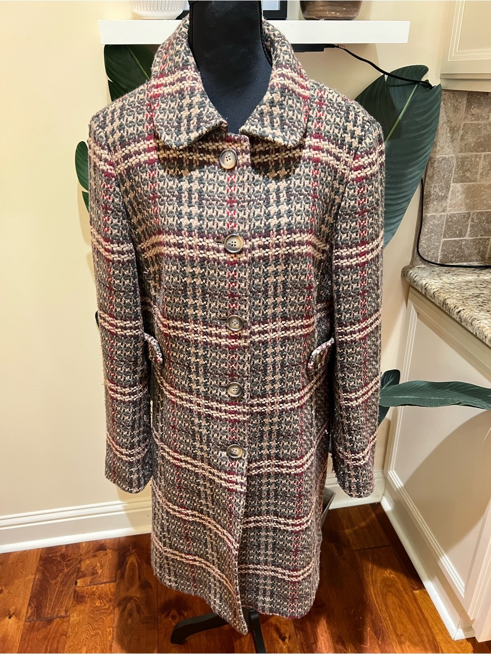 Ann Taylor LOFT Plaid Wool-Blend Pea Coat in Brown, Green and Red